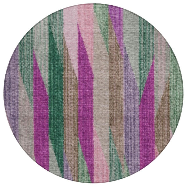 HomeRoots 8 Ft Round Striped Polyester Rug Washable Pink Green Geometric Indoor Outdoor Patio 738846
