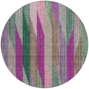 8 Ft Round Striped Polyester Rug Washable Pink Green Geometric Indoor Outdoor Patio
