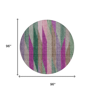 8 Ft Round Striped Polyester Rug Washable Pink Green Geometric Indoor Outdoor Patio