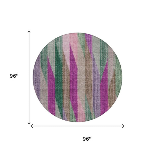 8 Ft Round Striped Polyester Rug Washable Pink Green Geometric Indoor Outdoor Patio
