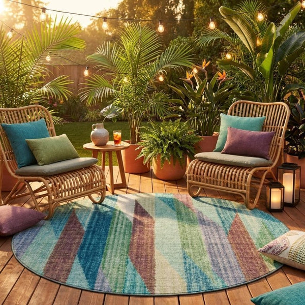 8 Ft Round Striped Teal Polyester Area Rug Washable Stain Resistant Indoor Outdoor