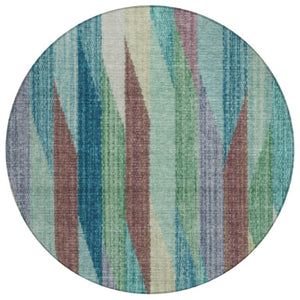 HomeRoots 8 Ft Round Striped Teal Polyester Area Rug Washable Stain Resistant Indoor Outdoor 738858