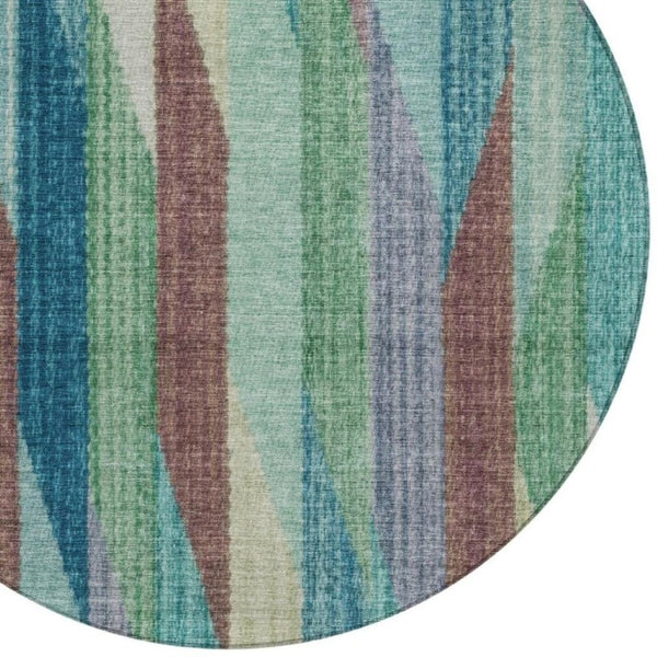8 Ft Round Striped Teal Polyester Area Rug Washable Stain Resistant Indoor Outdoor