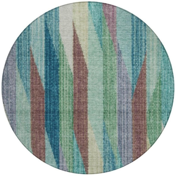 8 Ft Round Striped Teal Polyester Area Rug Washable Stain Resistant Indoor Outdoor