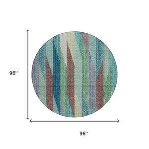 8 Ft Round Striped Teal Polyester Area Rug Washable Stain Resistant Indoor Outdoor