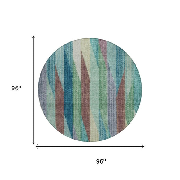 8 Ft Round Striped Teal Polyester Area Rug Washable Stain Resistant Indoor Outdoor