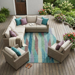 9 X 12 Striped Teal Polyester Area Rug Washable Stain Resistant for Patio or Living Room