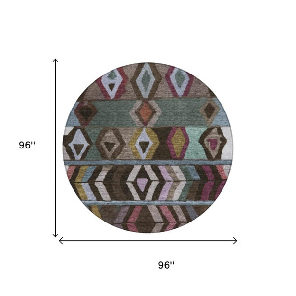8 Foot Round Tribal Geometric Polyester Rug for Patio Kitchen or Family Room