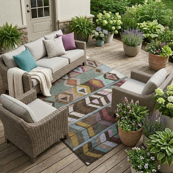 9 X 12 Tribal Polyester Area Rug Stain Resistant for Patio Porch and Living Room
