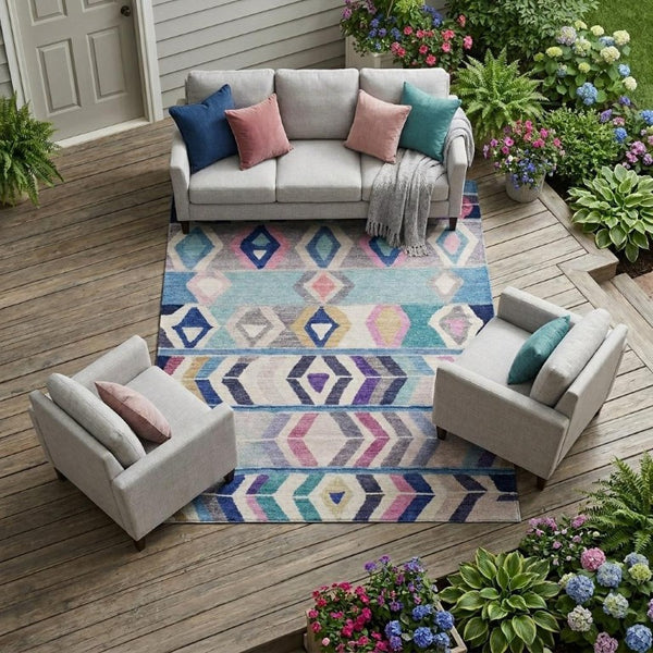 9x12 Tribal Polyester Area Rug Washable Stain Resistant Indoor Outdoor Blue Silver