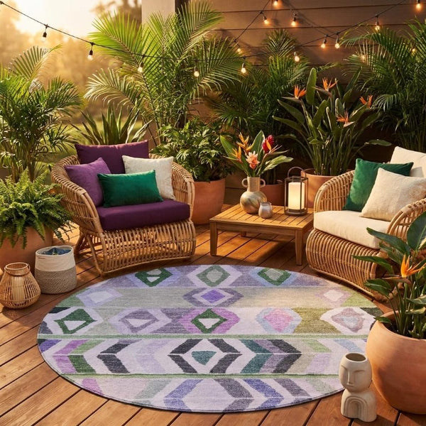 8 Ft Round Tribal Geometric Polyester Rug Washable Stain Resistant Indoor Outdoor