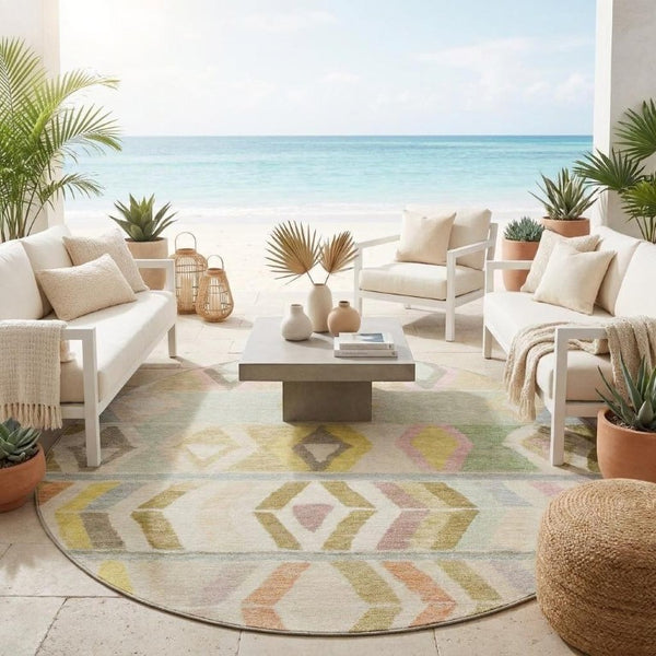 8 Ft Round Tribal Geometric Polyester Rug Stain Resistant for Patio or Family Room