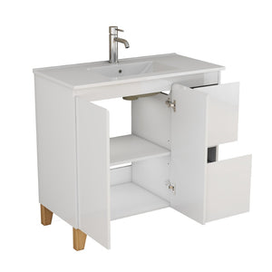 English Elm 36-inch Glossy White Bathroom Vanity with Ceramic Sink Soft Close Drawers Minimalist W3151S00068
