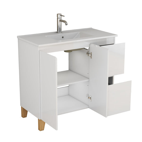 English Elm 36-inch Glossy White Bathroom Vanity with Ceramic Sink Soft Close Drawers Minimalist W3151S00068