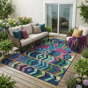 5x8 Navy Tribal Polyester Area Rug Stain Resistant for Indoor Outdoor Living