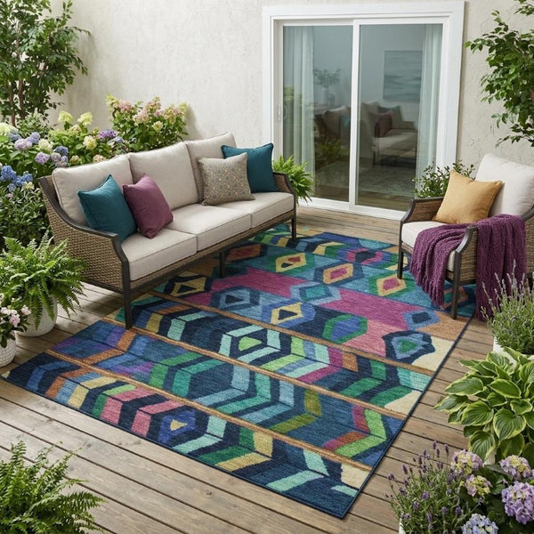 5x8 Navy Tribal Polyester Area Rug Stain Resistant for Indoor Outdoor Living