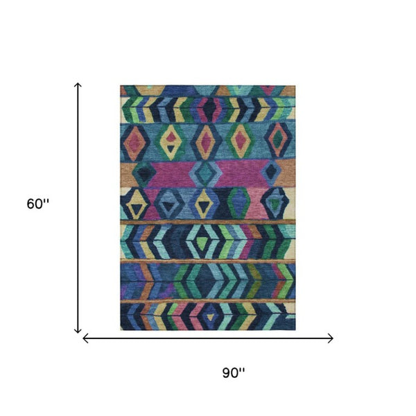 5x8 Navy Tribal Polyester Area Rug Stain Resistant for Indoor Outdoor Living