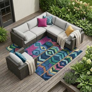 8 X 10 Navy Tribal Polyester Area Rug Stain Resistant Indoor Outdoor Washable