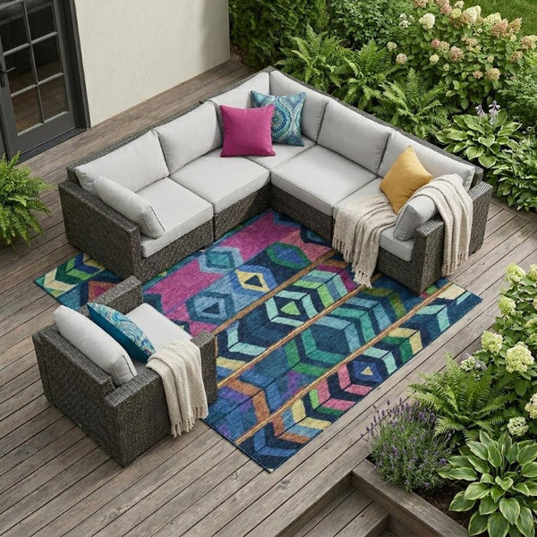 8 X 10 Navy Tribal Polyester Area Rug Stain Resistant Indoor Outdoor Washable