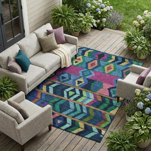 9 X 12 Tribal Polyester Indoor Outdoor Rug Stain Resistant for Patio and Living Room