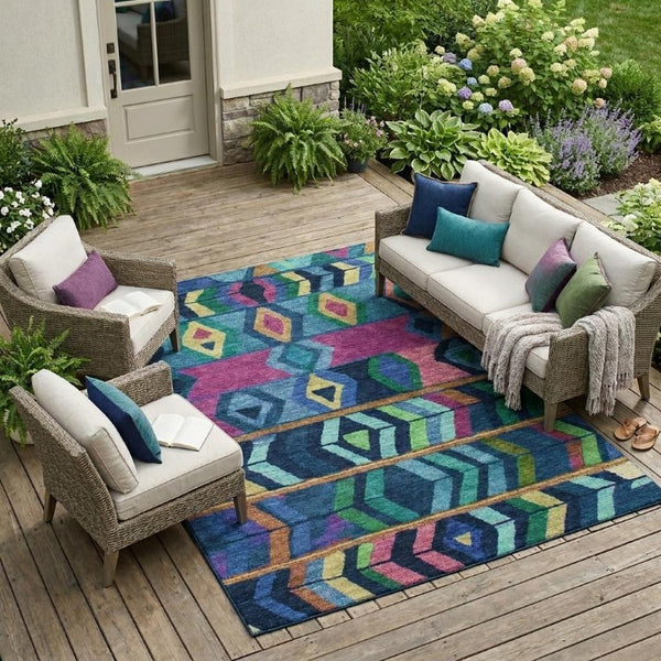 10 X 14 Tribal Polyester Indoor Outdoor Rug Washable Stain Resistant Navy