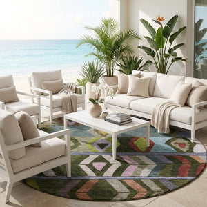 8 Ft Round Tribal Geometric Polyester Area Rug Washable for Indoor Outdoor Spaces