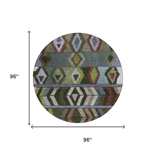 8 Ft Round Tribal Geometric Polyester Area Rug Washable for Indoor Outdoor Spaces