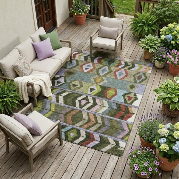 10 X 14 Tribal Olive Area Rug Washable Polyester for Indoor Outdoor Living