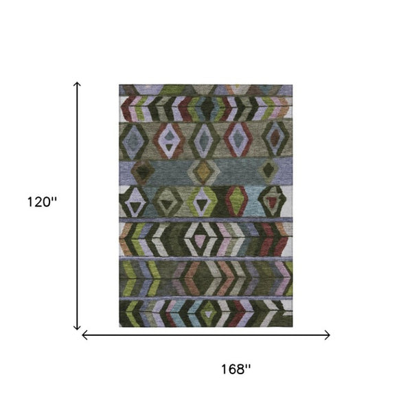 10 X 14 Tribal Olive Area Rug Washable Polyester for Indoor Outdoor Living