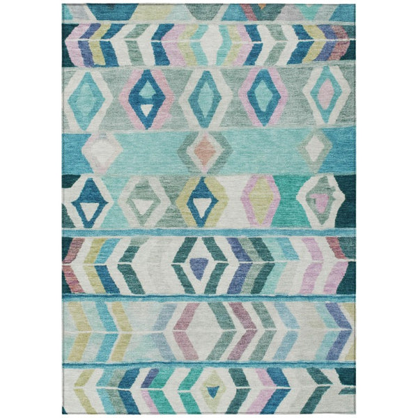 HomeRoots 5x8 Teal Turquoise Tribal Polyester Area Rug Washable Stain Resistant Indoor Outdoor 738933