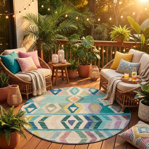 8 Ft Round Tribal Geometric Teal Polyester Rug Stain Resistant for Indoor Outdoor