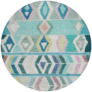 HomeRoots 8 Ft Round Tribal Geometric Teal Polyester Rug Stain Resistant for Indoor Outdoor 738934