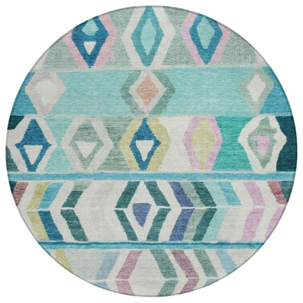 8 Ft Round Tribal Geometric Teal Polyester Rug Stain Resistant for Indoor Outdoor