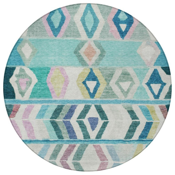 8 Ft Round Tribal Geometric Teal Polyester Rug Stain Resistant for Indoor Outdoor