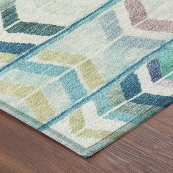 8 Ft Round Tribal Geometric Teal Polyester Rug Stain Resistant for Indoor Outdoor