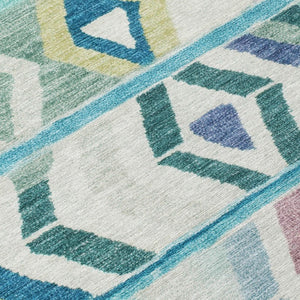 8 Ft Round Tribal Geometric Teal Polyester Rug Stain Resistant for Indoor Outdoor