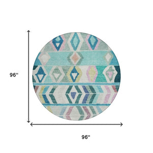 8 Ft Round Tribal Geometric Teal Polyester Rug Stain Resistant for Indoor Outdoor