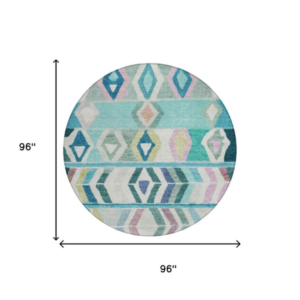 8 Ft Round Tribal Geometric Teal Polyester Rug Stain Resistant for Indoor Outdoor