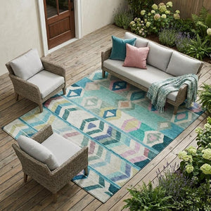8 X 10 Teal Turquoise Tribal Polyester Indoor Outdoor Rug Stain Resistant