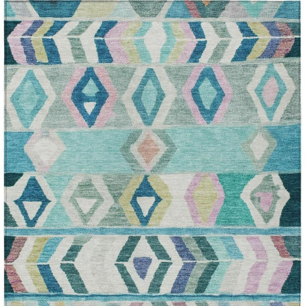 8 X 10 Teal Turquoise Tribal Polyester Indoor Outdoor Rug Stain Resistant