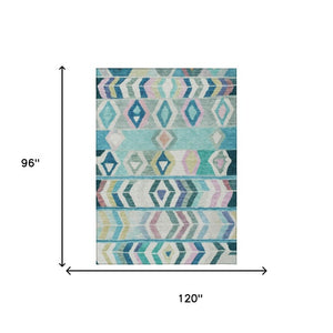 8 X 10 Teal Turquoise Tribal Polyester Indoor Outdoor Rug Stain Resistant