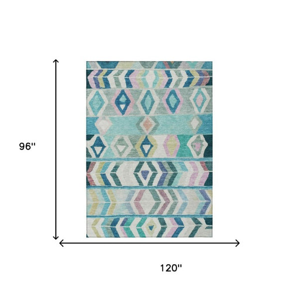 8 X 10 Teal Turquoise Tribal Polyester Indoor Outdoor Rug Stain Resistant