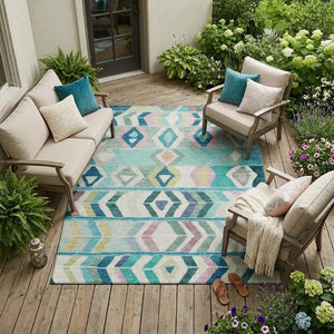 9x12 Teal Turquoise Tribal Polyester Area Rug Washable for Indoor Outdoor Use