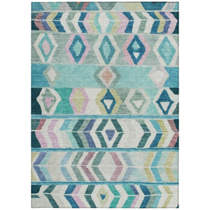 9x12 Teal Turquoise Tribal Polyester Area Rug Washable for Indoor Outdoor Use