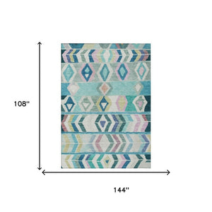 9x12 Teal Turquoise Tribal Polyester Area Rug Washable for Indoor Outdoor Use