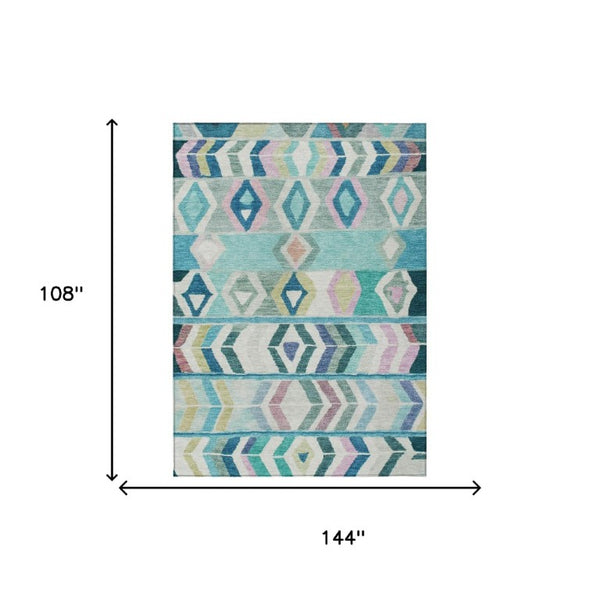 9x12 Teal Turquoise Tribal Polyester Area Rug Washable for Indoor Outdoor Use
