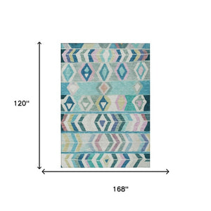 10 X 14 Teal Turquoise Tribal Polyester Area Rug Stain Resistant Indoor Outdoor