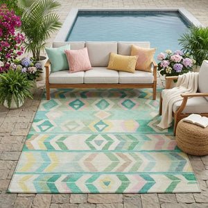 5 X 8 Turquoise Tribal Polyester Area Rug Washable for Patio Porch or Living Room