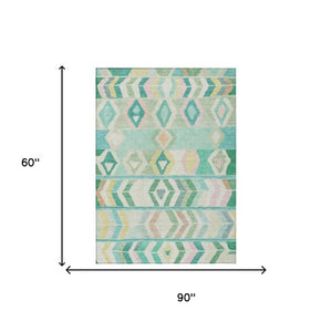 5 X 8 Turquoise Tribal Polyester Area Rug Washable for Patio Porch or Living Room