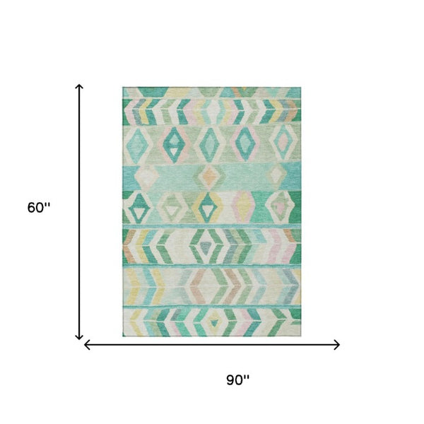 5 X 8 Turquoise Tribal Polyester Area Rug Washable for Patio Porch or Living Room